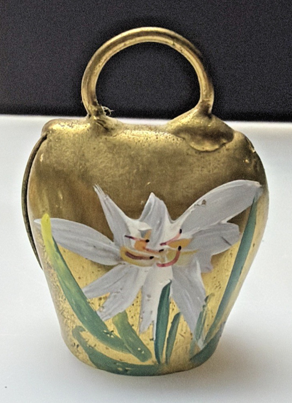 Vtg Gold Metal Brass Cow Bell Hand Painted Flower Floral Signed Liechtenstein
